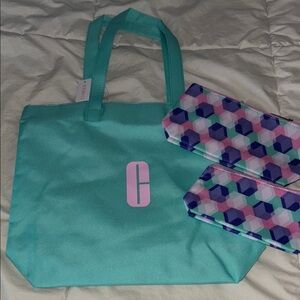Clinique Aqua Tote with Pink Logo and Geometric Pouches